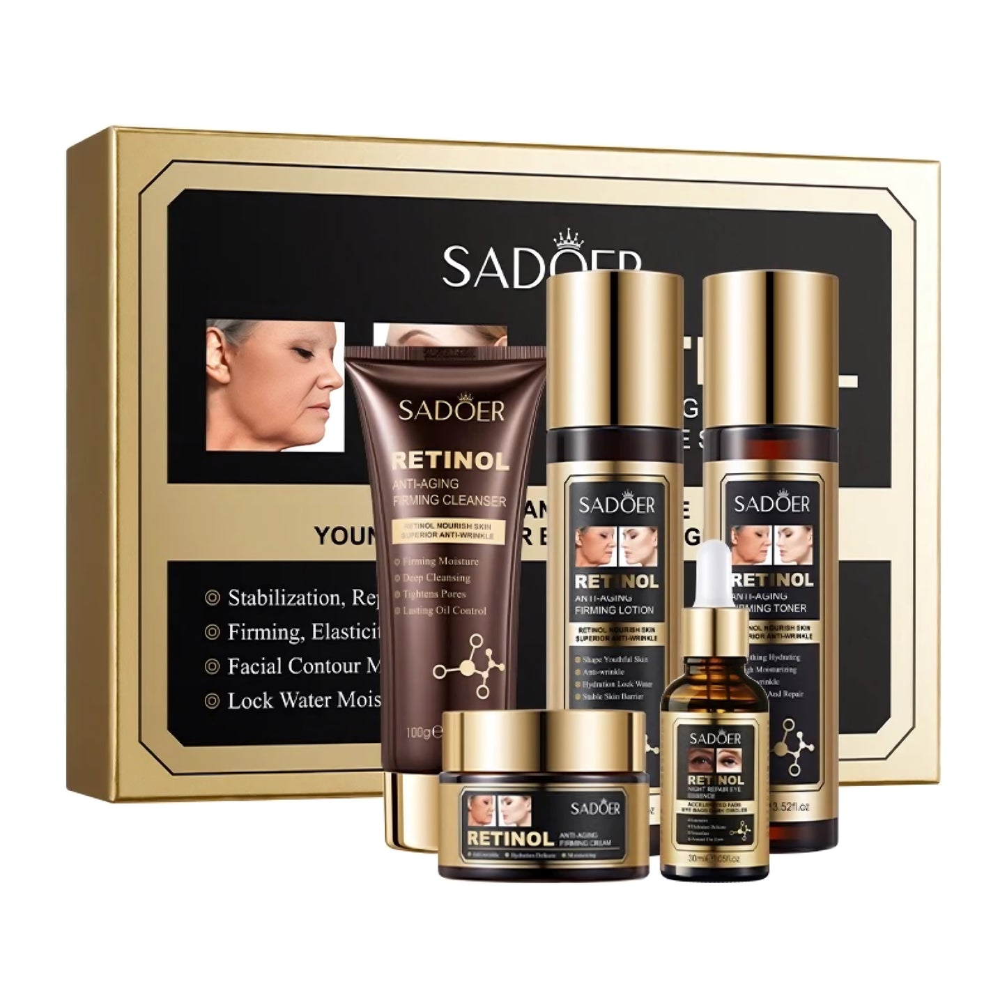 SADOER Retinol anti-aging skincare set with cleanser, serum, cream, lotion, and toner