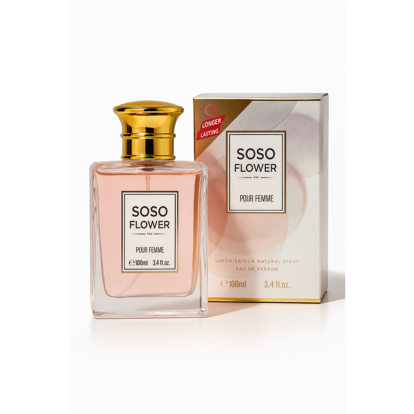 SOSO Flower Pour Femme perfume bottle and packaging, 100ml, import cosmetics product