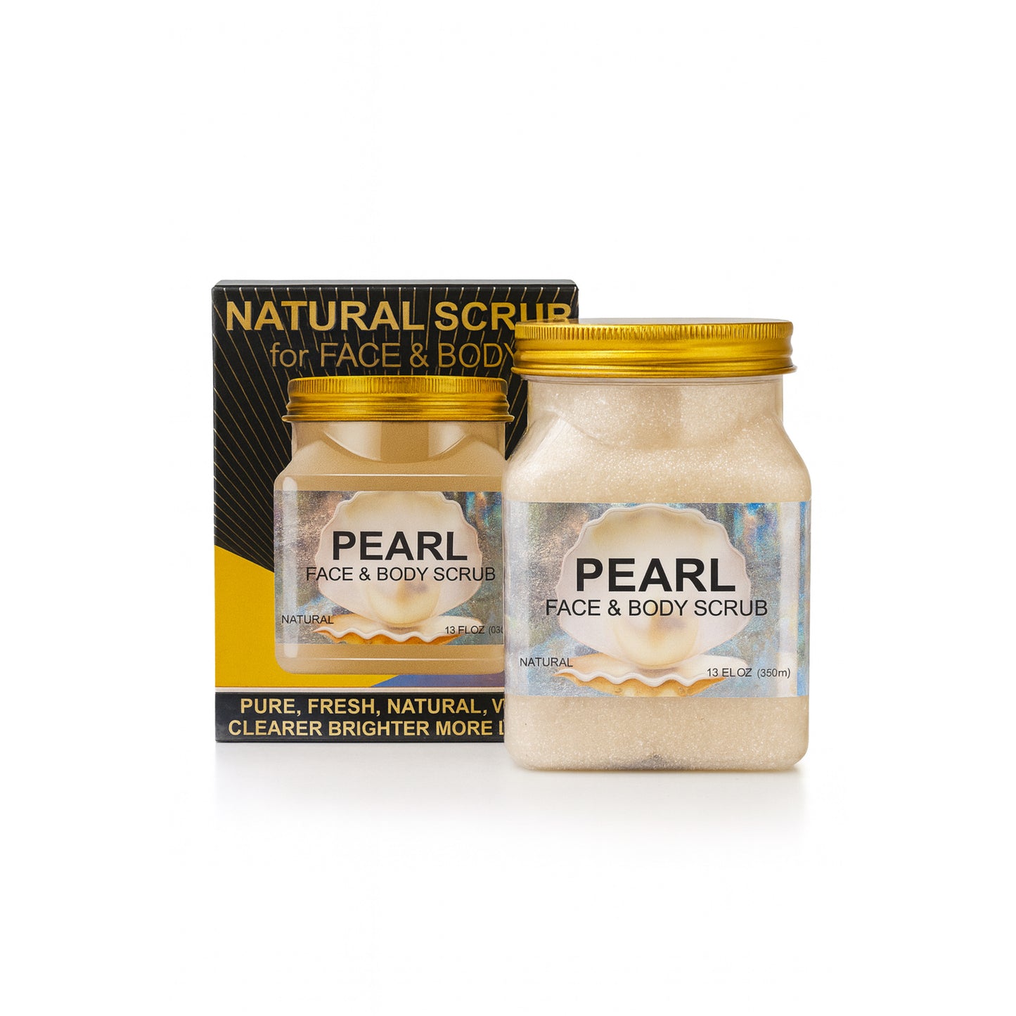Pearl face and body scrub jar with gold lid and product box, natural cosmetic import