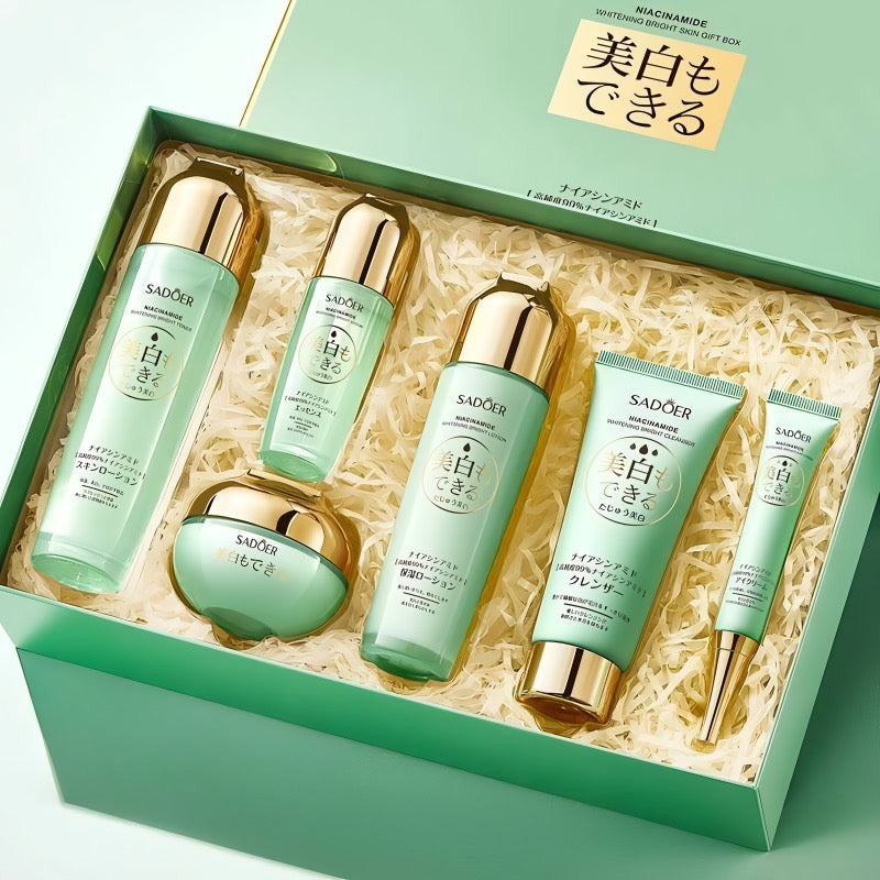 SADOER niacinamide skincare gift set in green box, import cosmetice distributor offer