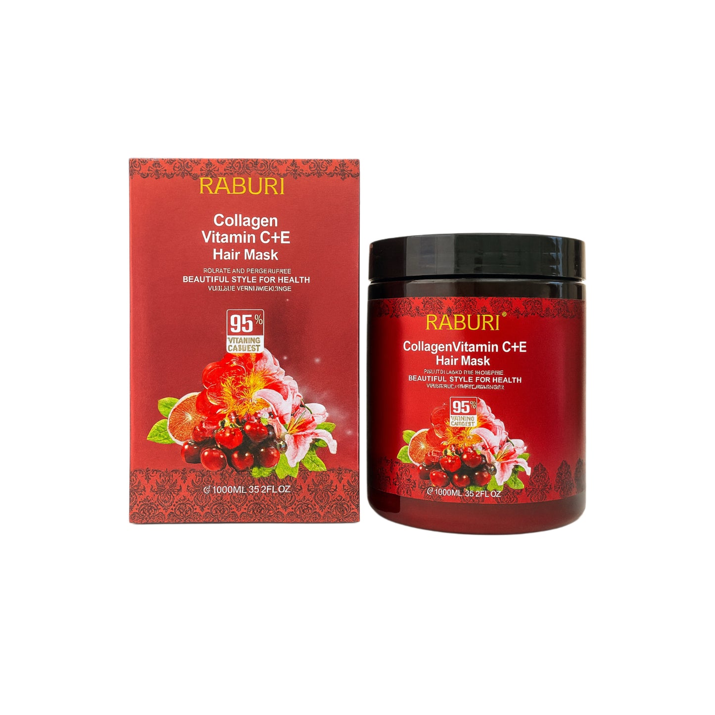 Raburi Collagen Vitamin C+E hair mask in red packaging, import cosmetic product