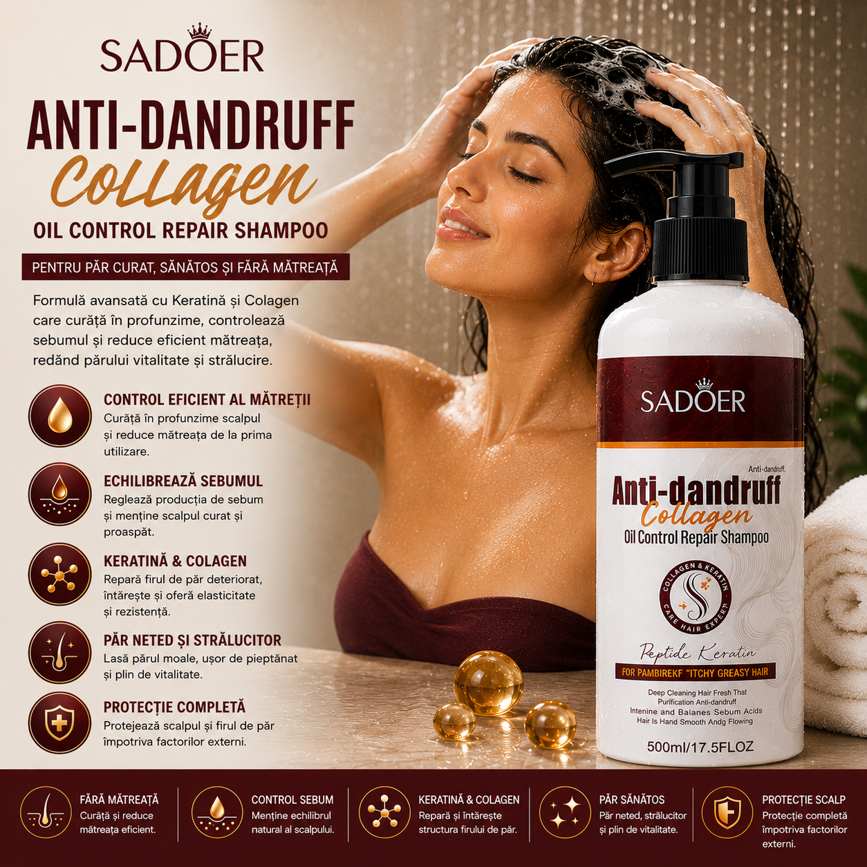 Șampon anti-mătreață îmbogățit cu colagen Sadoer 500 ml SD39767