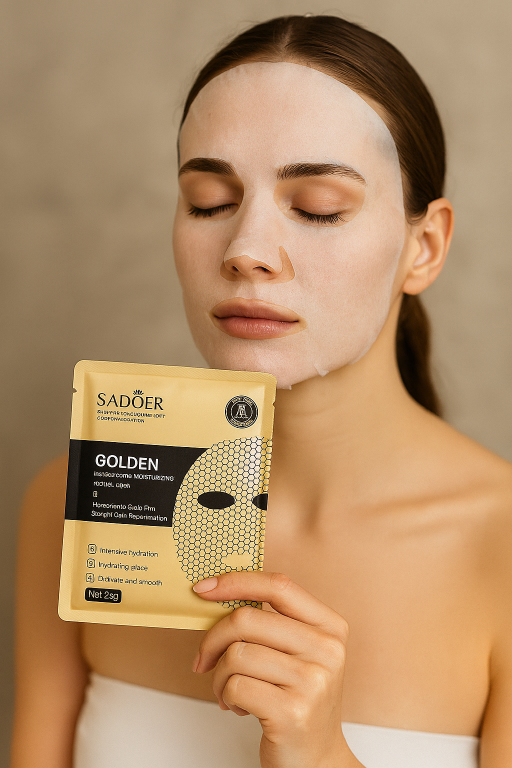 Woman with moisturizing sheet mask holding Sadoer Golden facial mask pack, import cosmetice