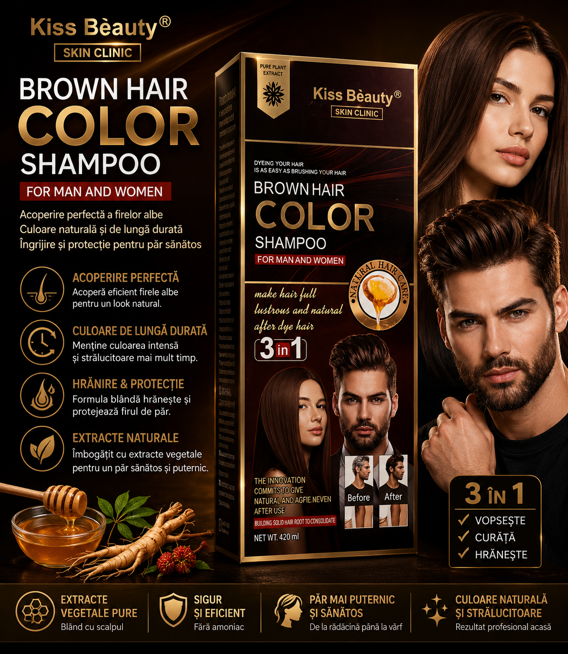 Kiss Beauty Brown Hair Color Shampoo – Șampon Colorant pentru Păr Șaten (3 în 1)