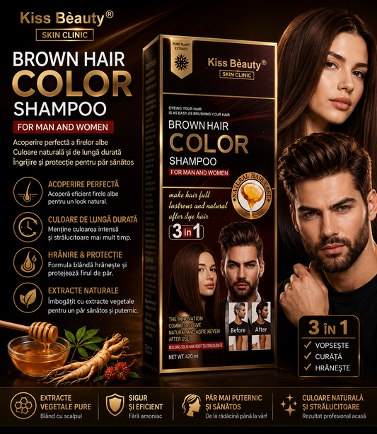 Kiss Beauty Brown Hair Color Shampoo – Șampon Colorant pentru Păr Șaten (3 în 1)
