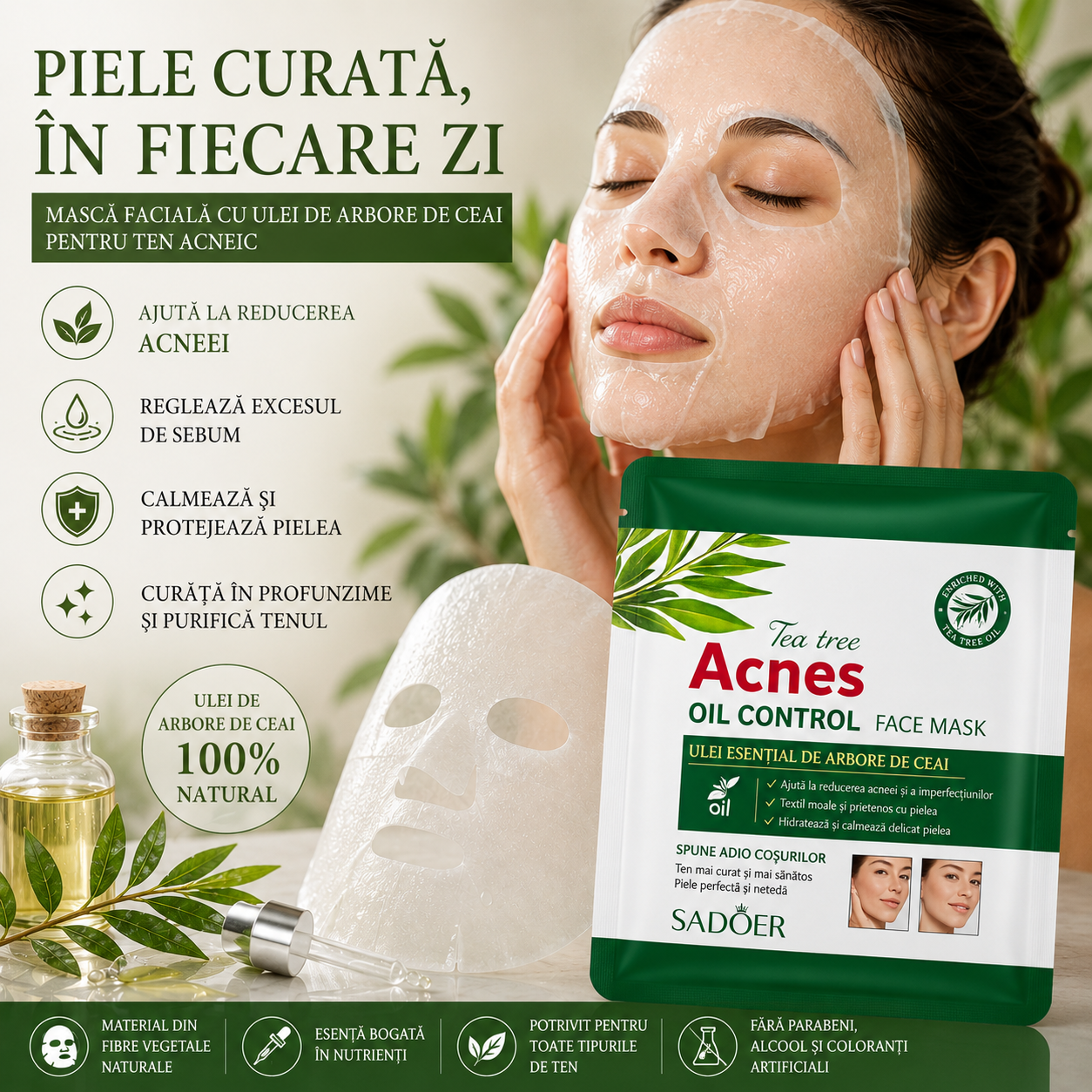 Mască facială Sadoer anti-acnee cu extract de arbore de ceai, 25 g. SD35547