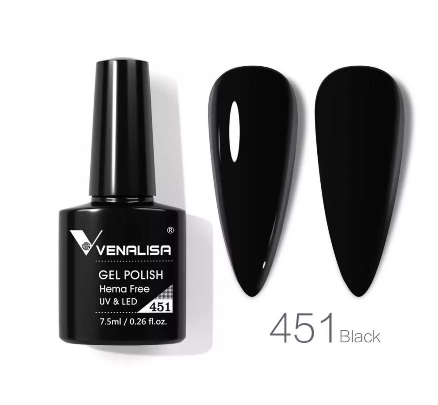 Venalisa gel polish 451 Black bottle and swatches, import cosmetics distributor