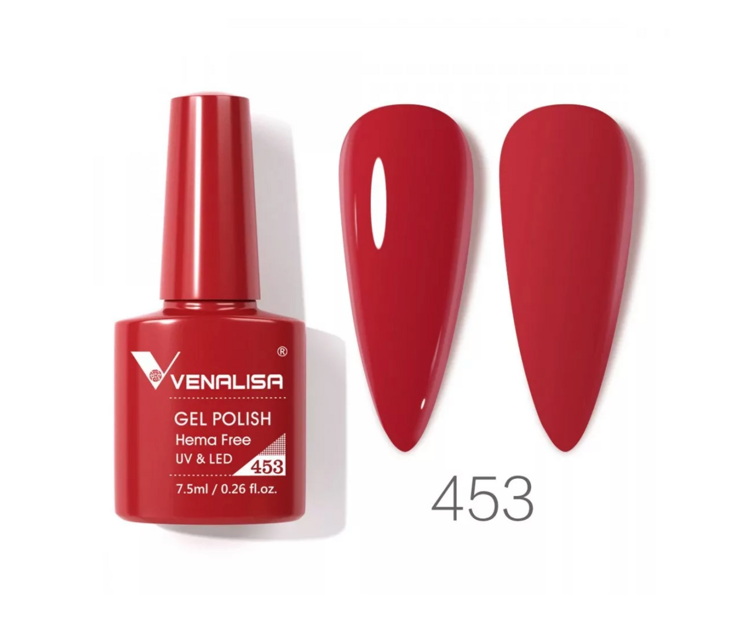 Venalisa Gel Polish 453 red bottle with color swatches, UV LED, import cosmetice