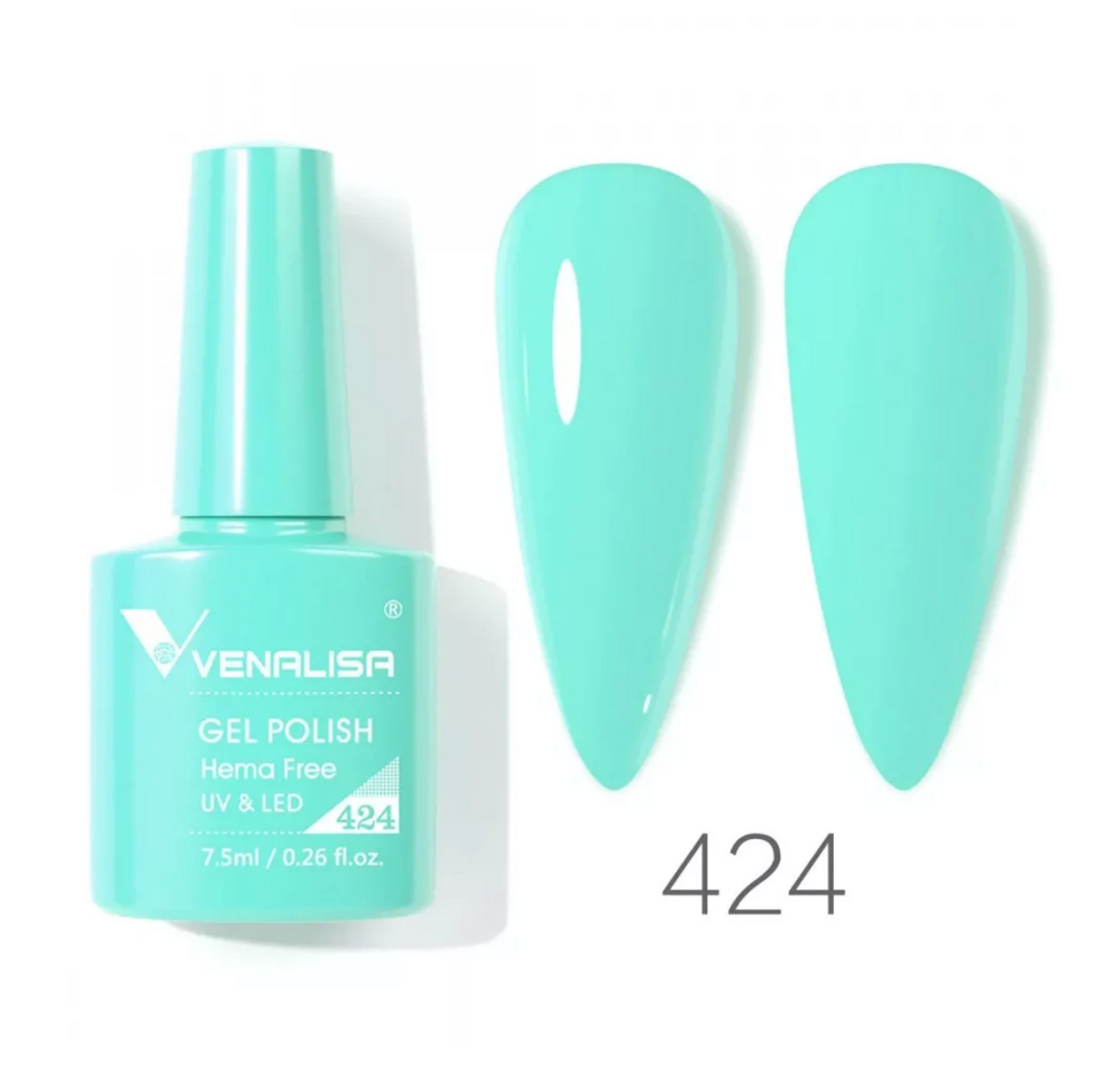 Venalisa turquoise gel polish 424 bottle with color swatches, import cosmetice distributor