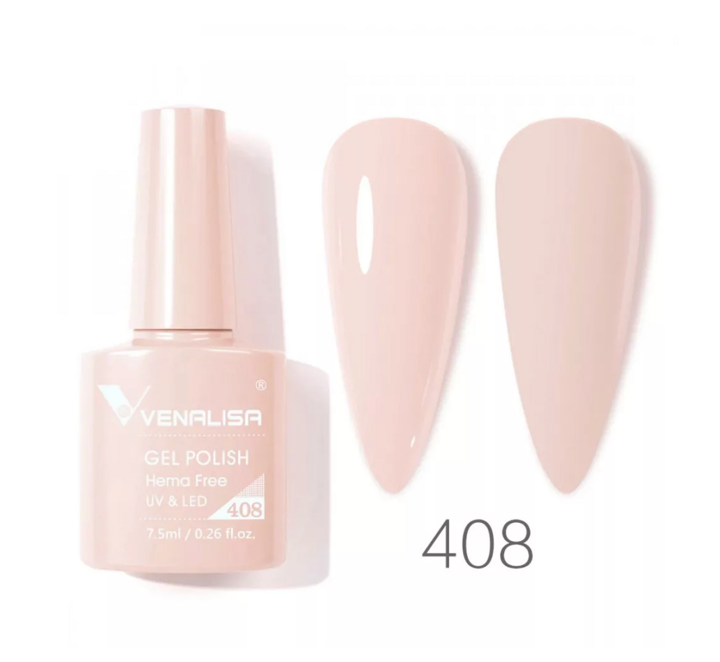 Venalisa gel polish 408, Hema Free UV & LED pale nude nail color bottle and swatches