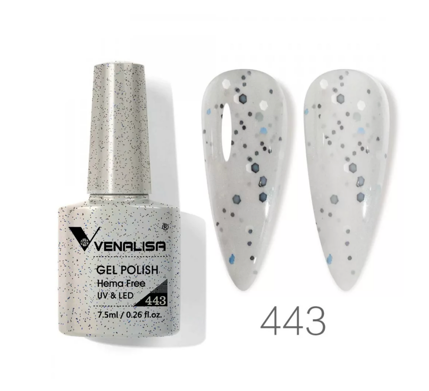 Venalisa Gel Polish 443 bottle and swatches with white base and black-blue glitter, import cosmetice.