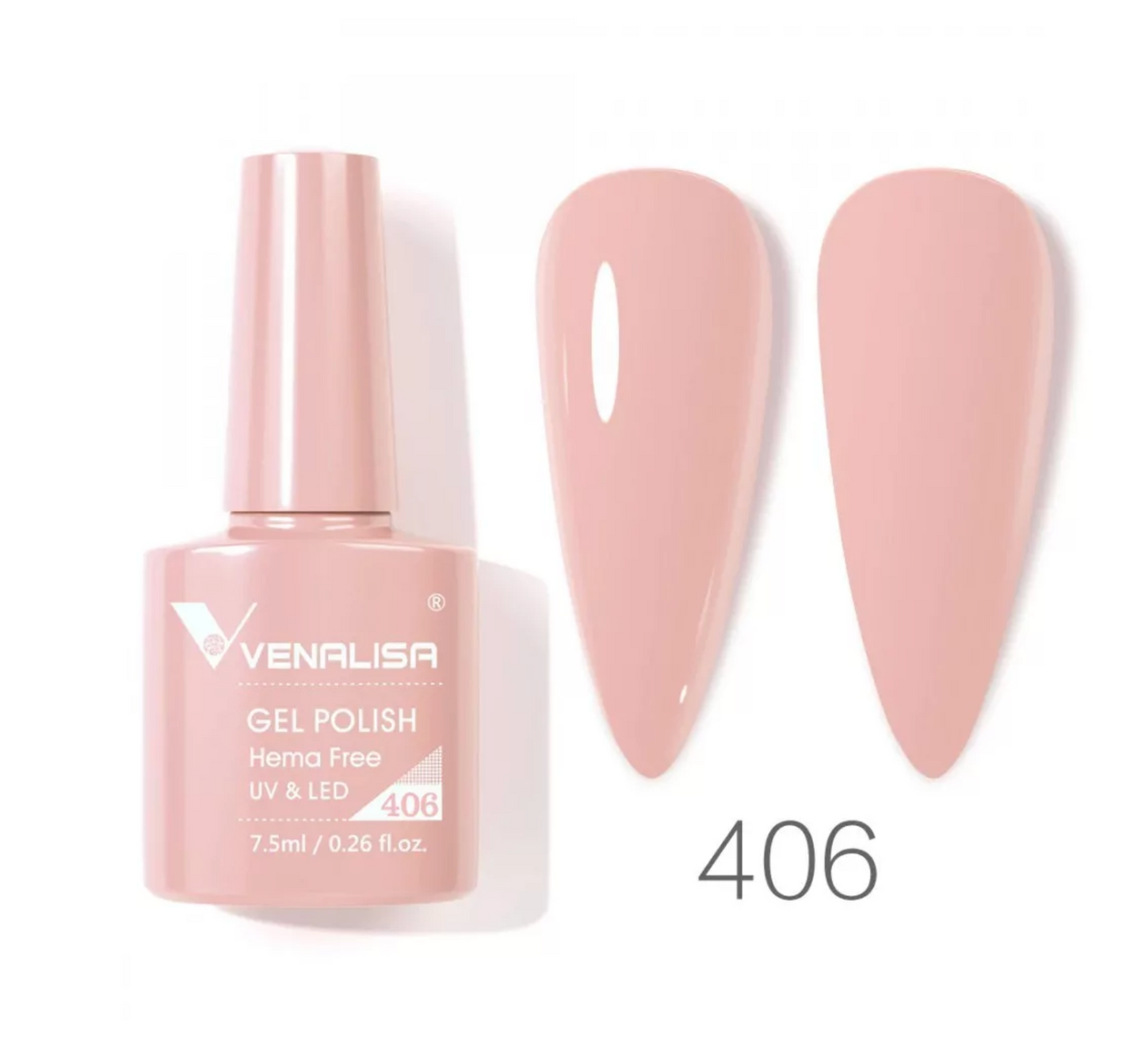 Venalisa gel polish 406 nude pink, UV LED nail polish bottle and color swatches
