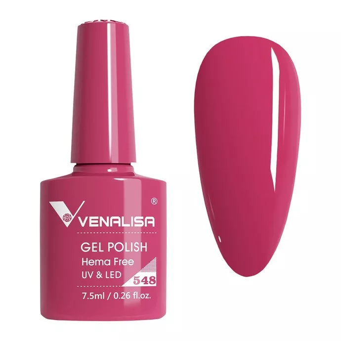 Venalisa gel polish bottle and swatch in pink shade 548, UV LED, for nail salons