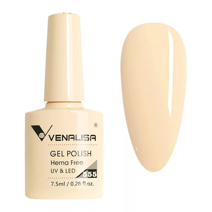 Venalisa gel polish bottle and beige nail sample, professional UV LED nail cosmetic