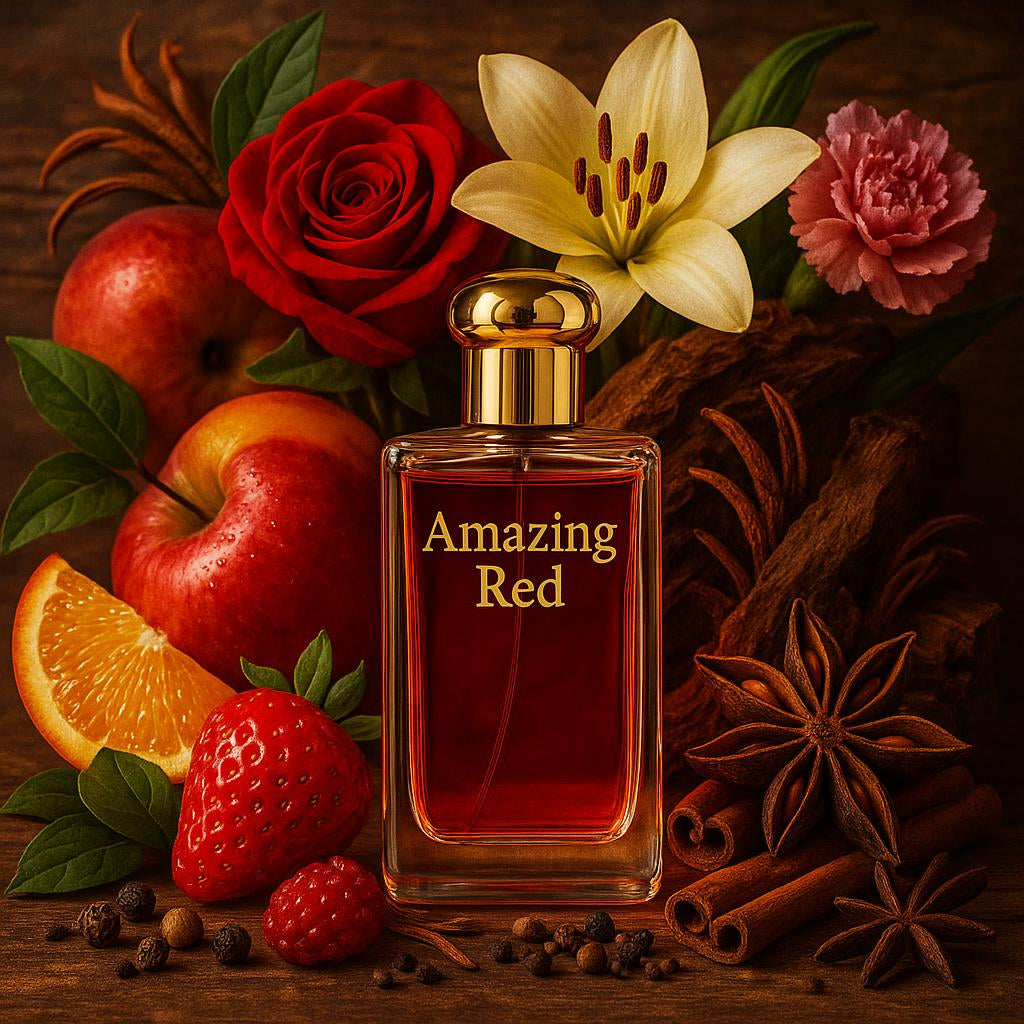 An artistic representation of the perfume's scent journey: a composition of ripe fruits, blooming flowers, warm woods, and oriental spices, with the perfume bottle placed prominently in the center, evoking passion and allure.