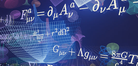 Complex physics equations and abstract shapes on a blue background.