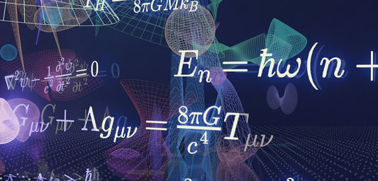 Scientific equations and abstract glowing forms against a dark background.