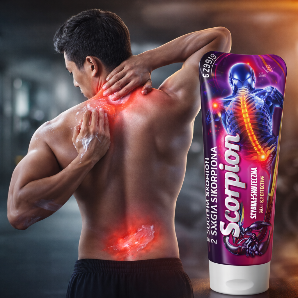 Man applying Scorpion muscle cream on sore back, pain relief gel, IMPORT COSMETICE product