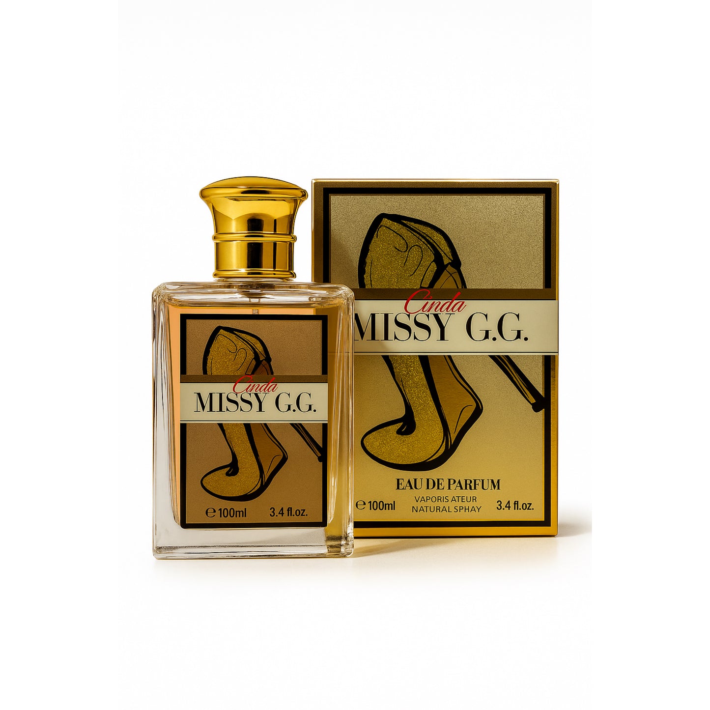 Missy G.G. Cinda Eau de Parfum 100ml gold perfume bottle and box with high heel design