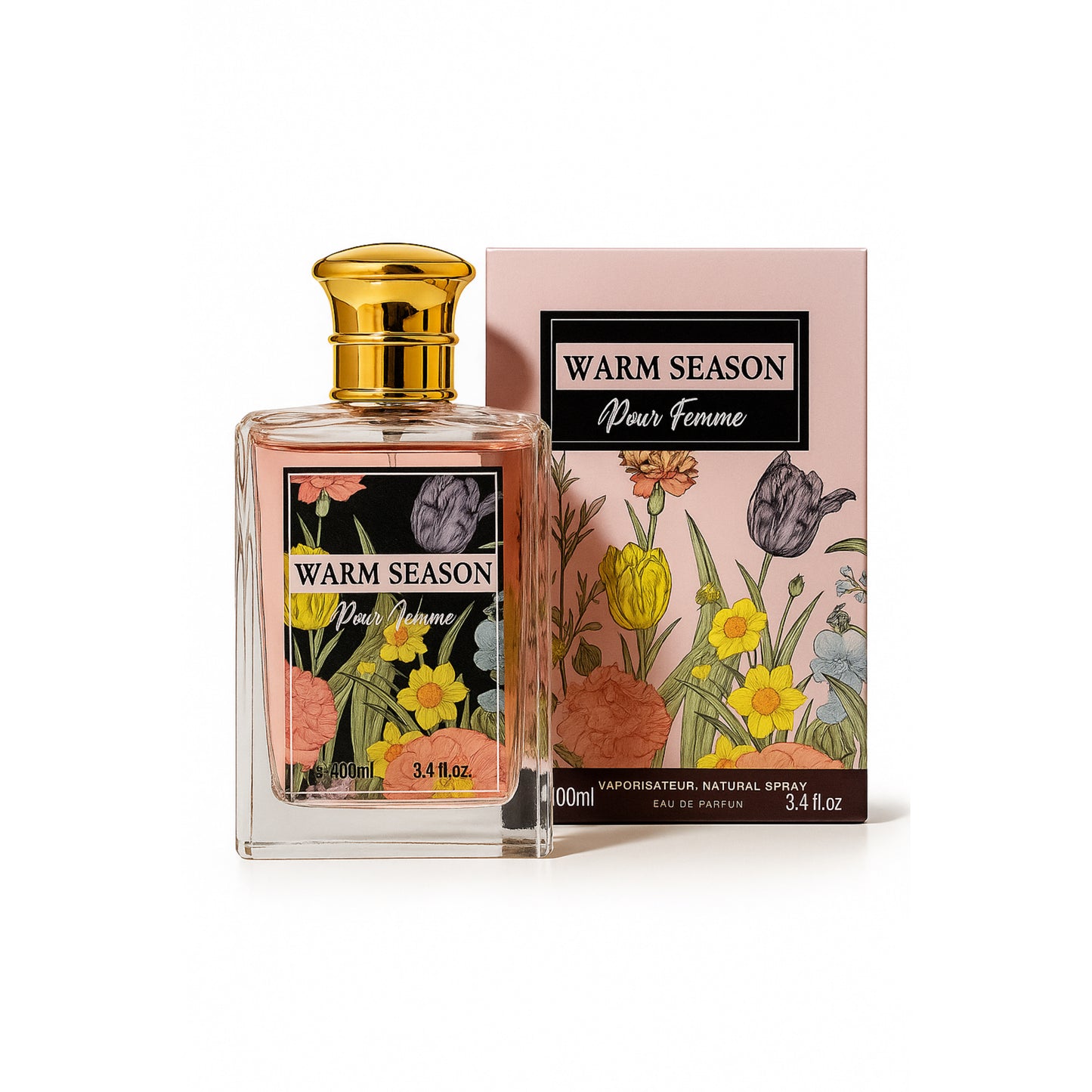 Warm Season Pour Femme perfume bottle and box with floral design, import cosmetic product