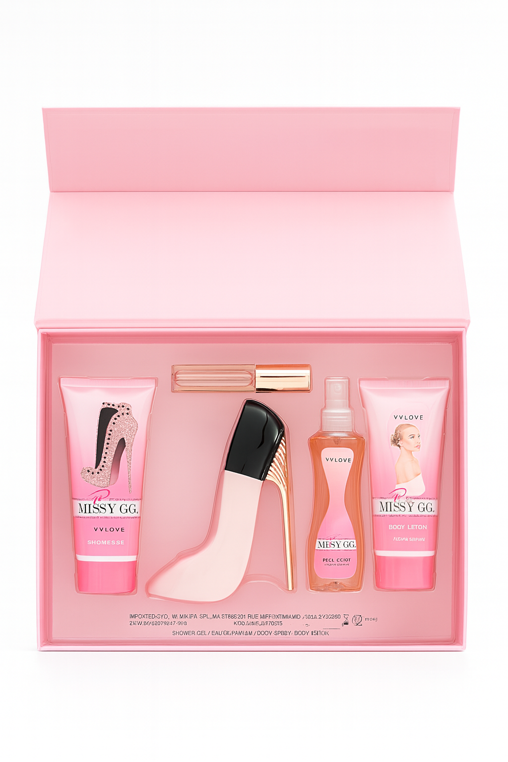 Missy GG cosmetic gift set with shower gel, perfume, body lotion and spray in pink box
