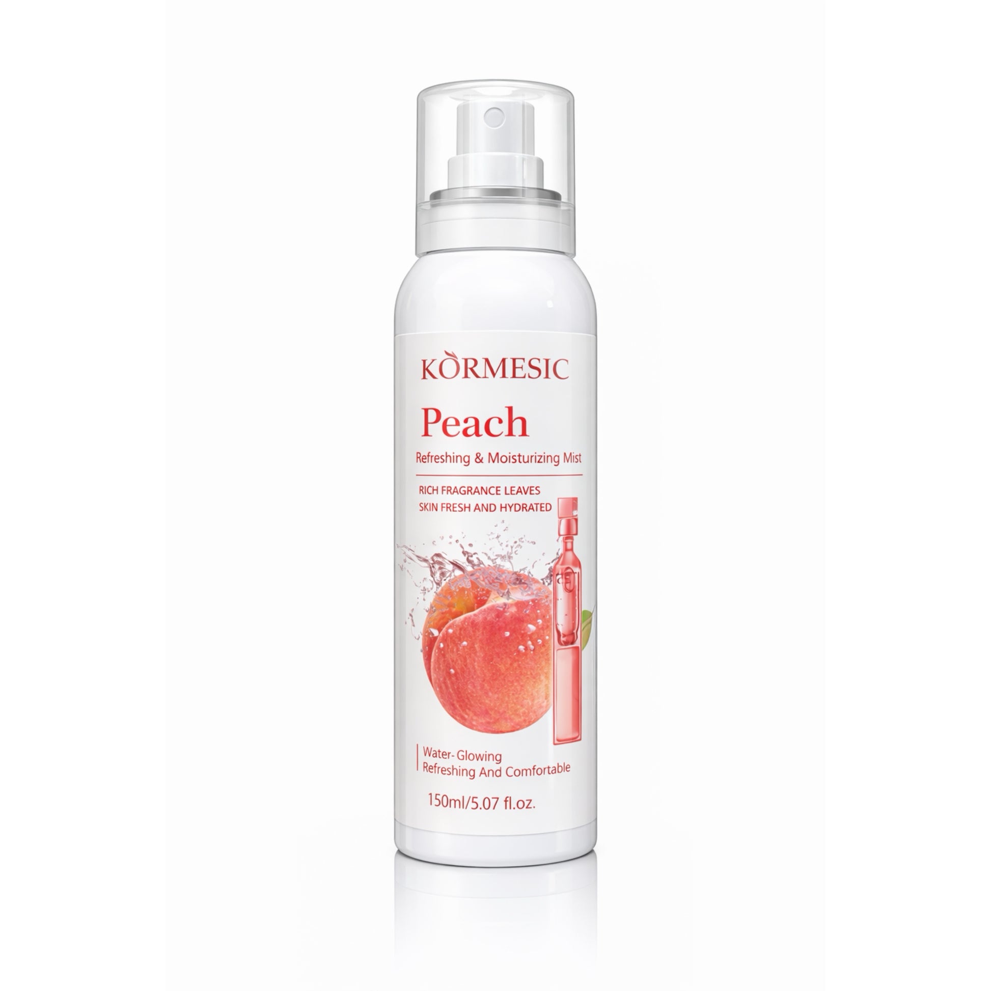 Kormesic Peach refreshing and moisturizing mist spray bottle, 150ml, import cosmetice distributor product.