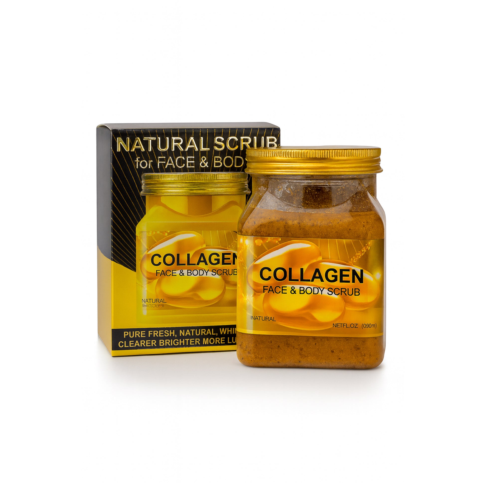 Collagen face and body scrub cosmetic product with yellow packaging for import and resale