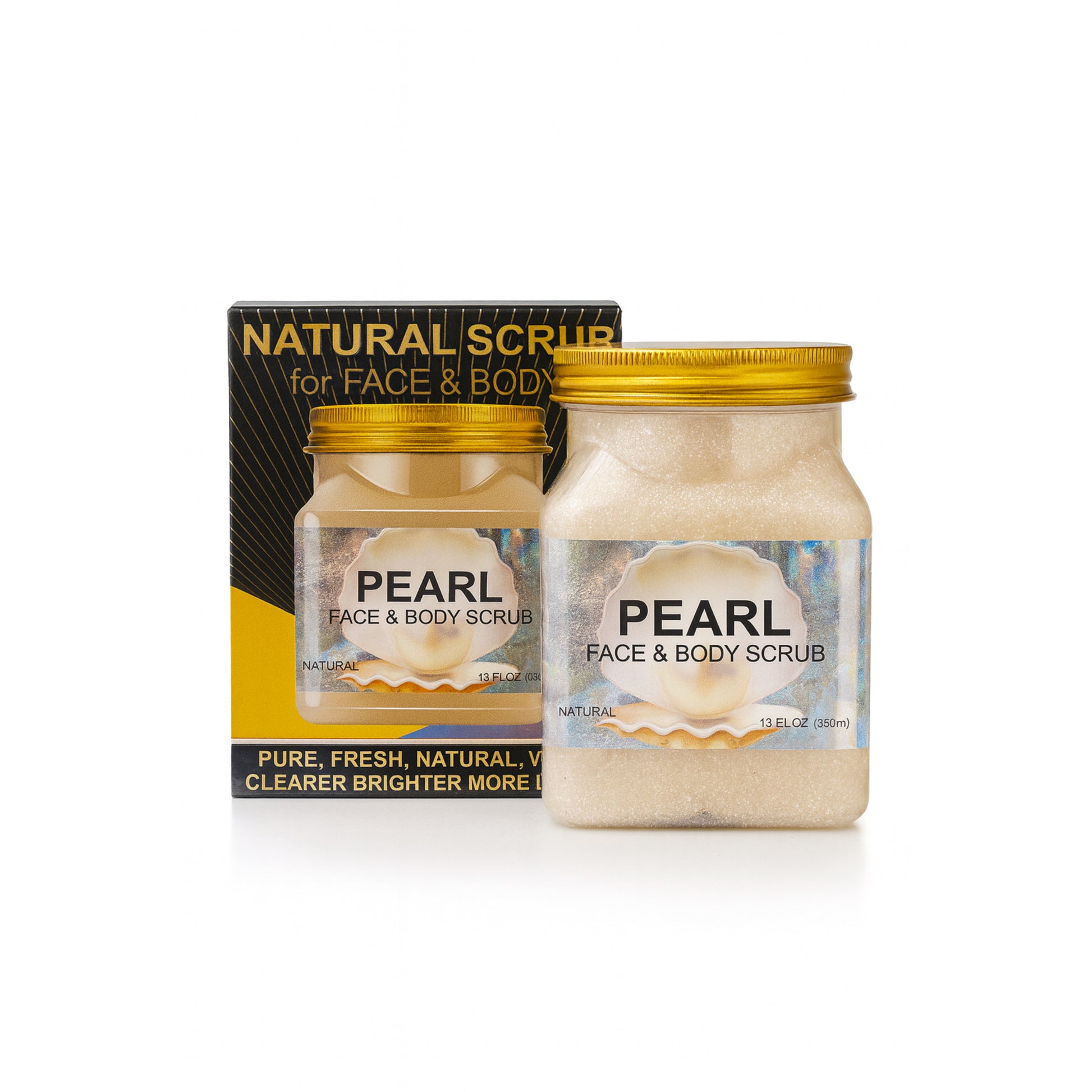 Pearl face and body scrub jar with gold lid and product box, natural cosmetic import