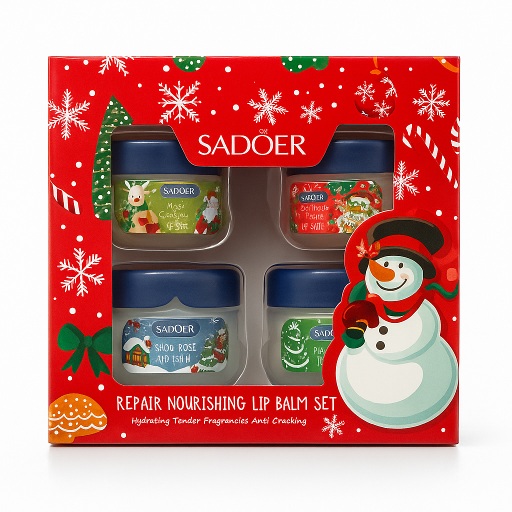 SADOER repair nourishing lip balm set in festive red holiday packaging with snowman