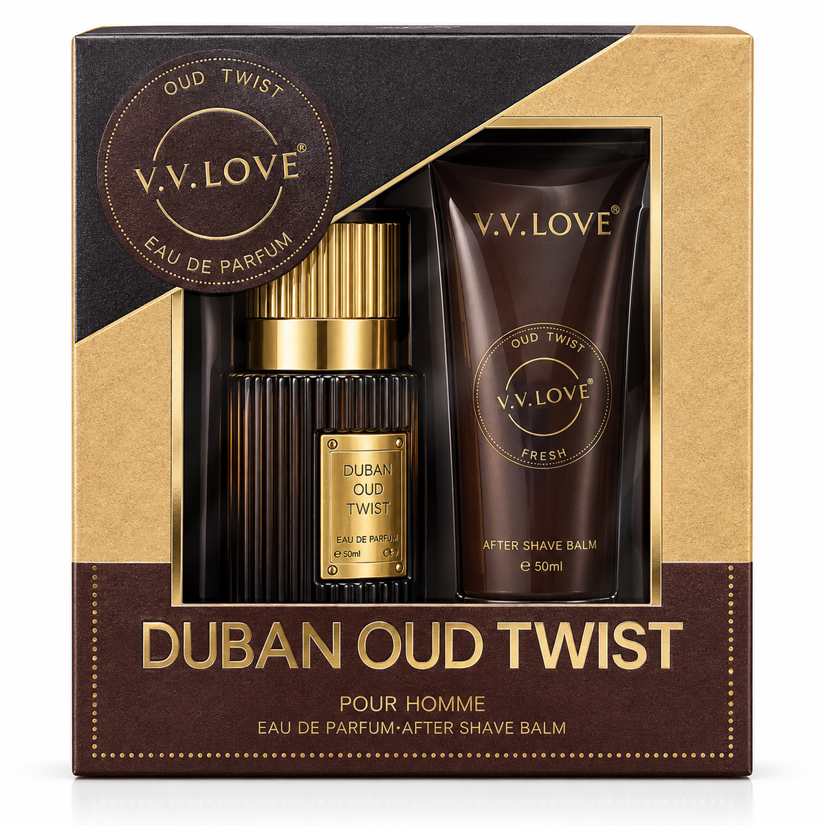 V.V.LOVE Dubai Oud Twist Pour Homme – Set Cadou Bărbați Eau de Parfum 50ml + After Shave Balm 50ml