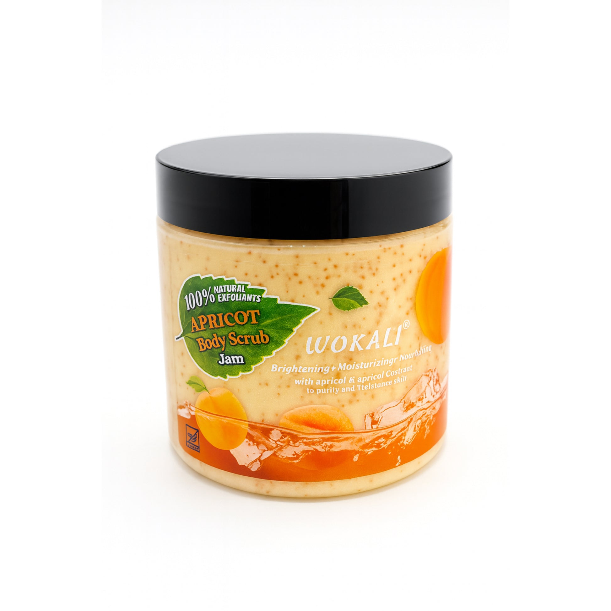 Wokali apricot body scrub jar with natural exfoliants, brightening and moisturizing skincare