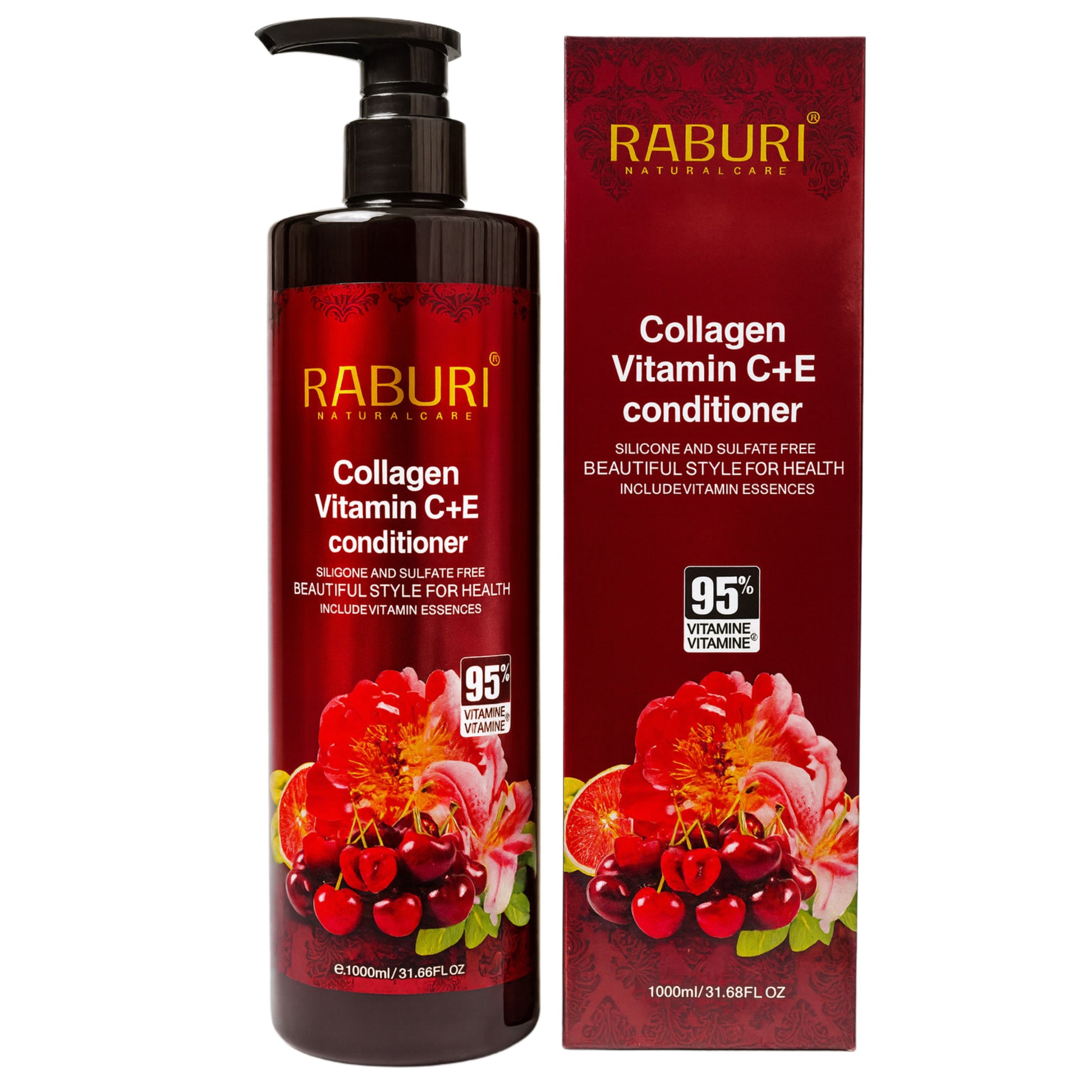 Raburi Collagen Vitamin C+E conditioner bottle and box, 1000ml, with flower and fruit design