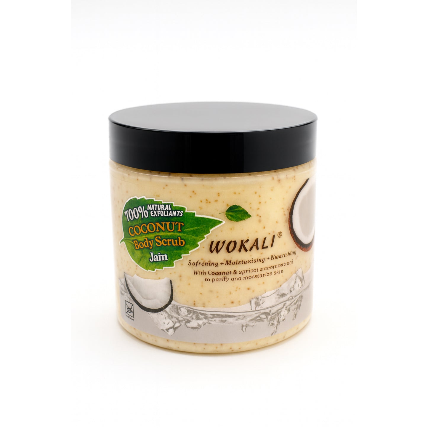 Wokali Coconut Body Scrub jar with natural exfoliants, featured for import cosmetics.
