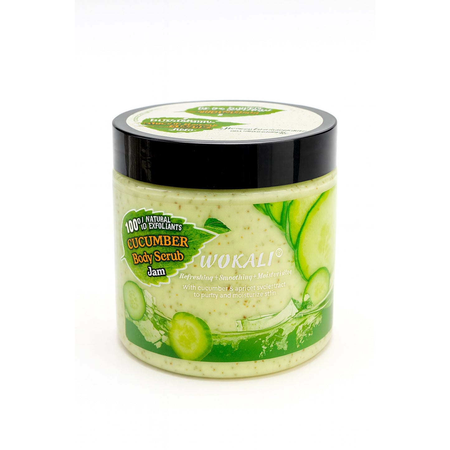 Wokali Cucumber Body Scrub Jam jar with cucumber slices, natural exfoliant cosmetic product
