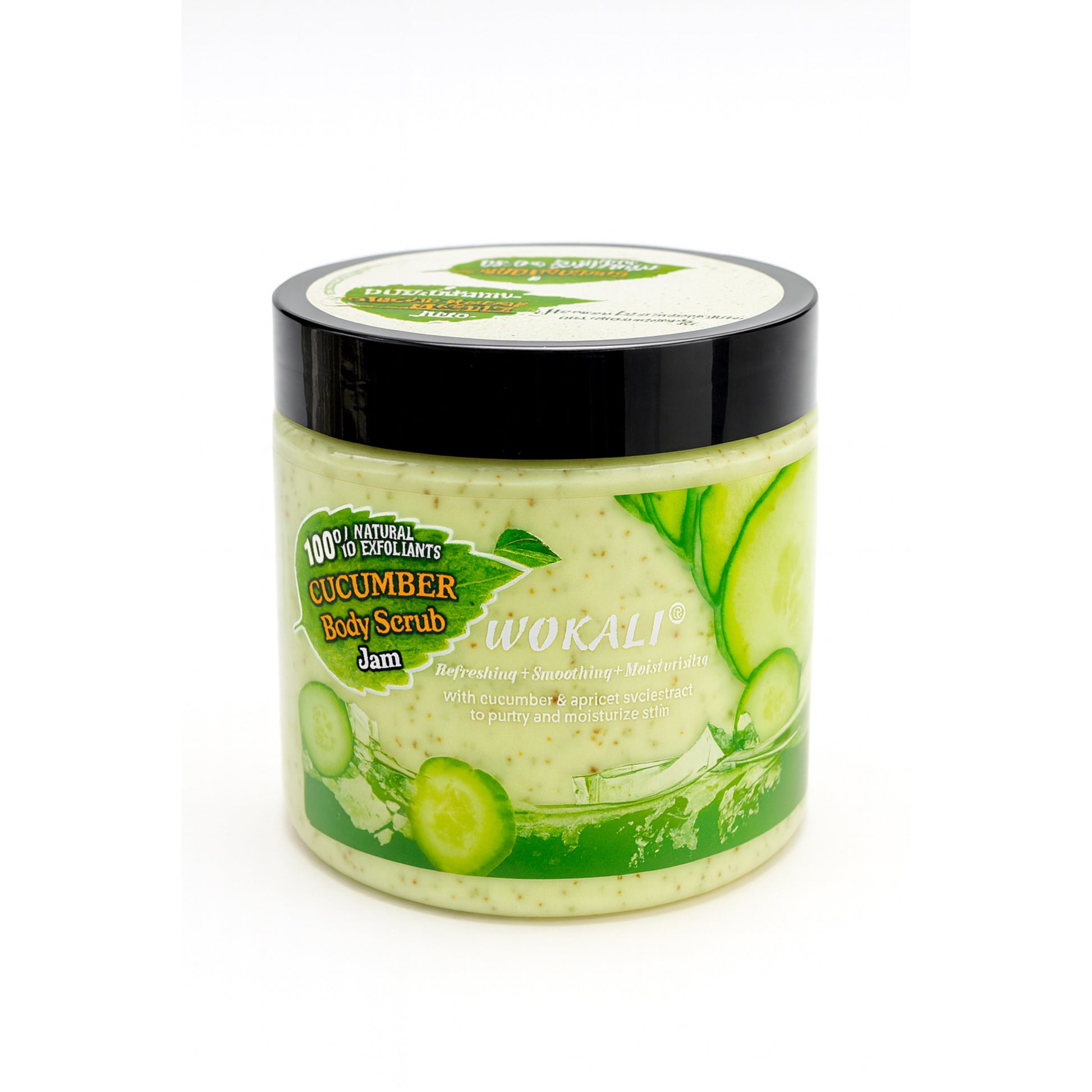 Wokali Cucumber Body Scrub Jam jar with cucumber slices, natural exfoliant cosmetic product
