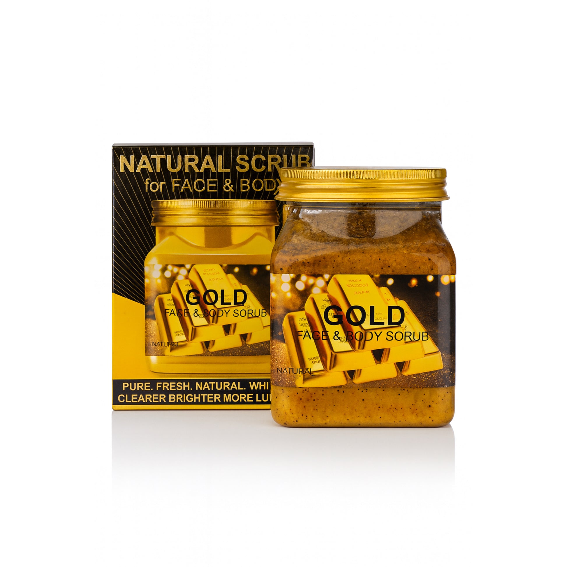 Gold face and body scrub jar with matching box, natural cosmetic exfoliant product