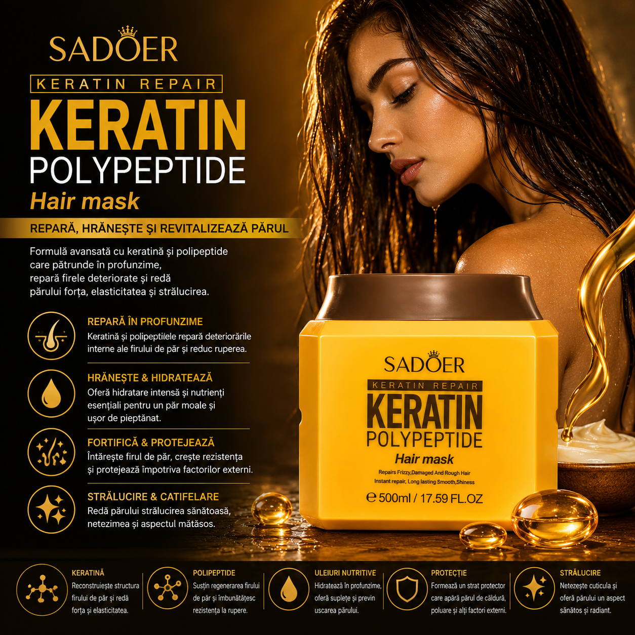 Mască de păr cu keratină și polipeptide – SADOER Keratin Polypeptide Hair Mask 500 ml SD38043