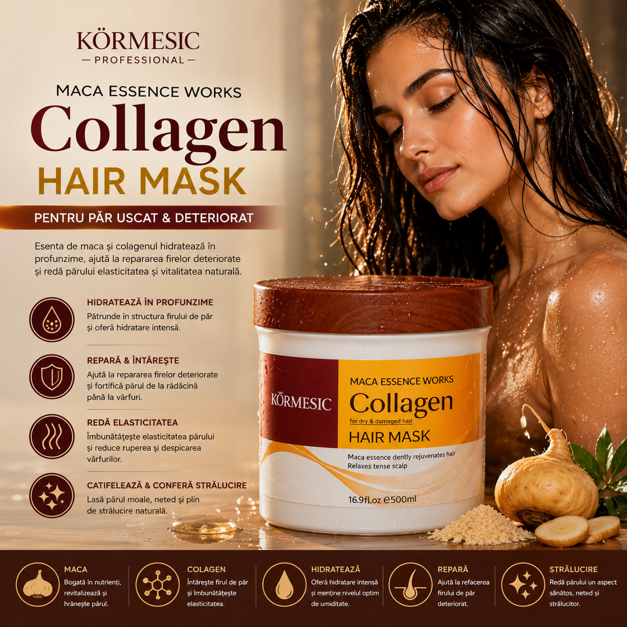 Mască de păr cu colagen și esență de maca – Körmesic Collagen Hair Mask 500 ml KMC66442