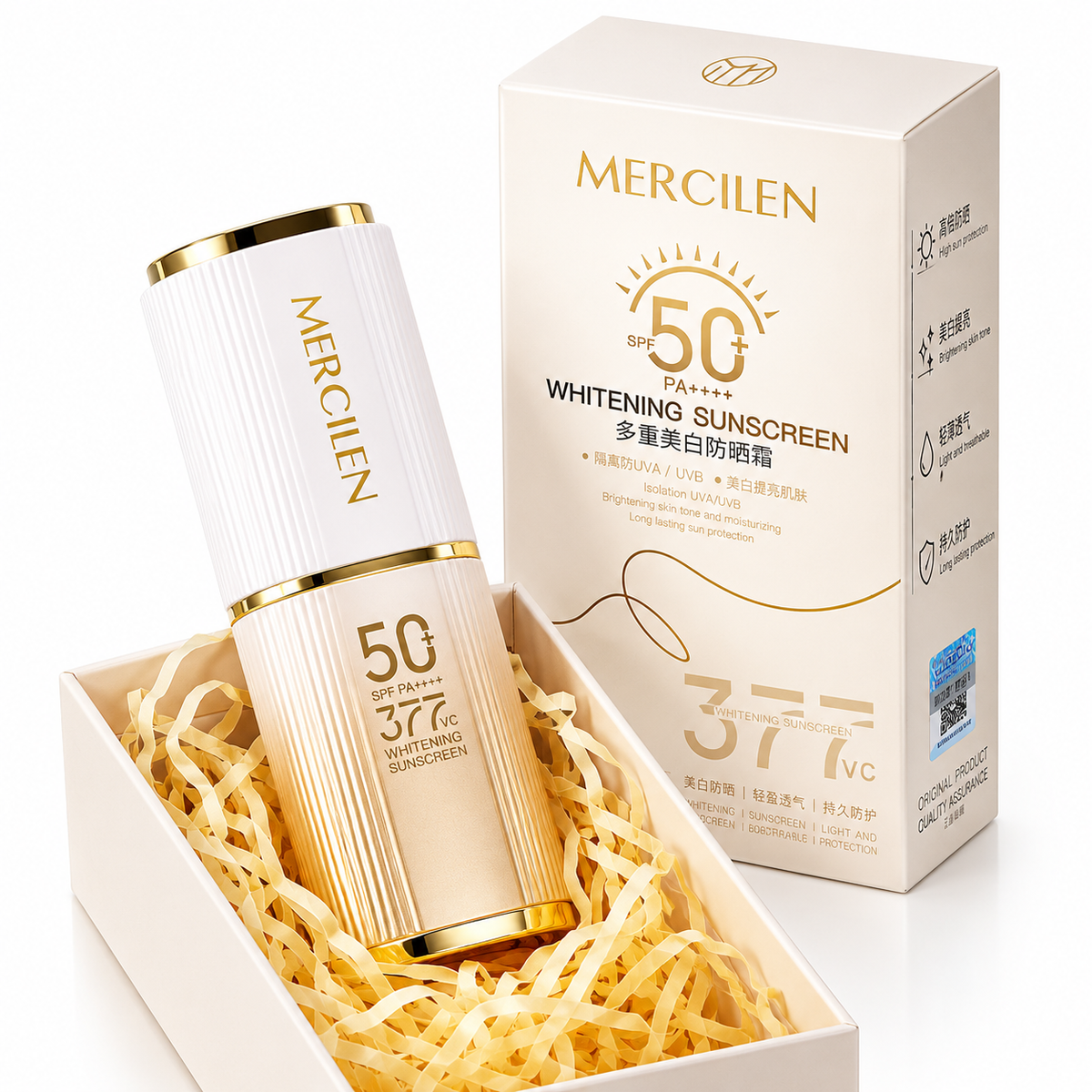 MERCILEN 377 VC Cremă de Protecție Solară SPF50+ PA+++ cu Efect Iluminator – Whitening Sunscreen pentru Față – MXL3548
