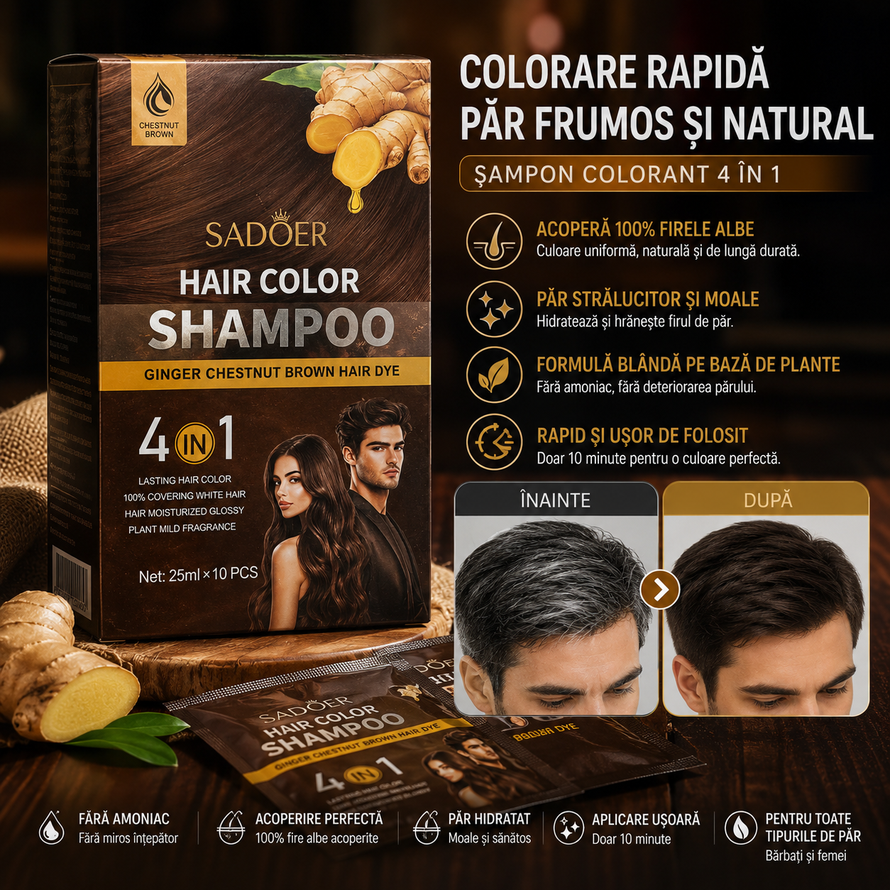 Șampon colorant Șaten SADOER Hair Color Shampoo Ginger Chestnut Brown SD12488