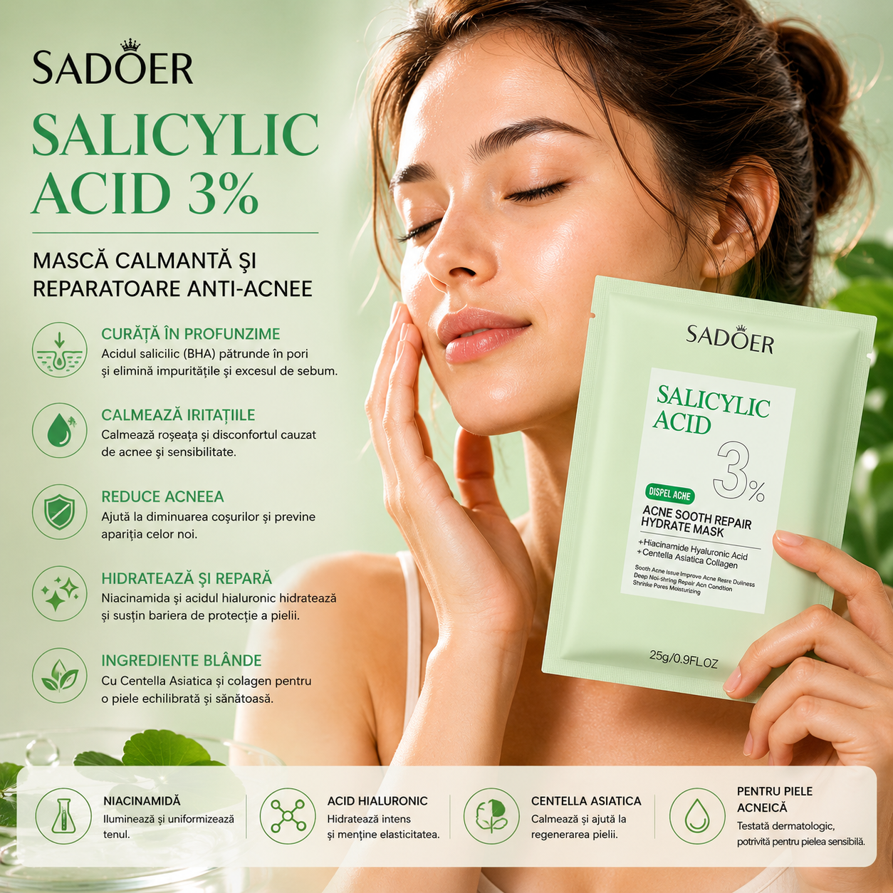 Mască facială SADOER cu acid salicilic – curățare, calmare, regenerare și hidratare. SD12630