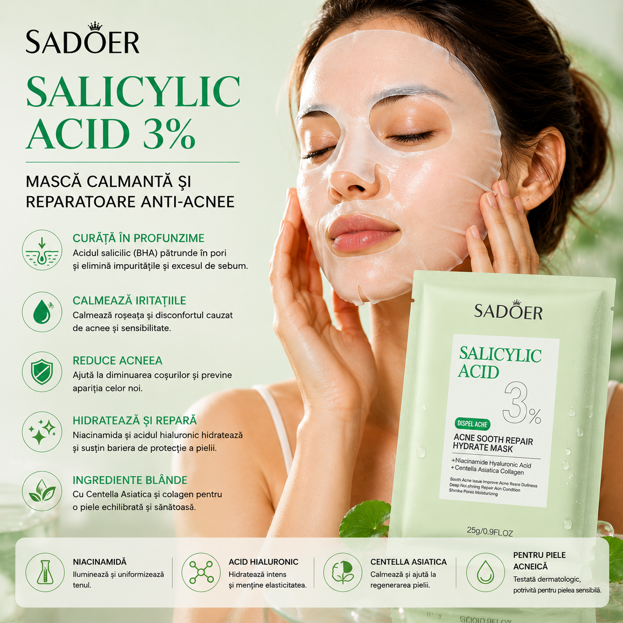 Mască facială SADOER cu acid salicilic – curățare, calmare, regenerare și hidratare. SD12630