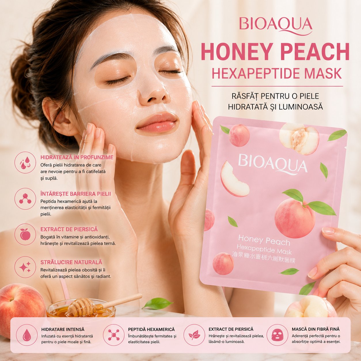 Masca facială Bioaqua  hidratantă cu piersică și hexapeptide BQY87549