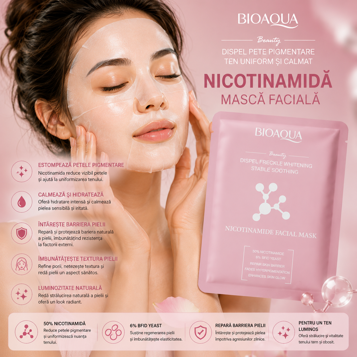 Masca facială Bioaqua  iluminatoare și calmantă Nicotinamide BQY08145