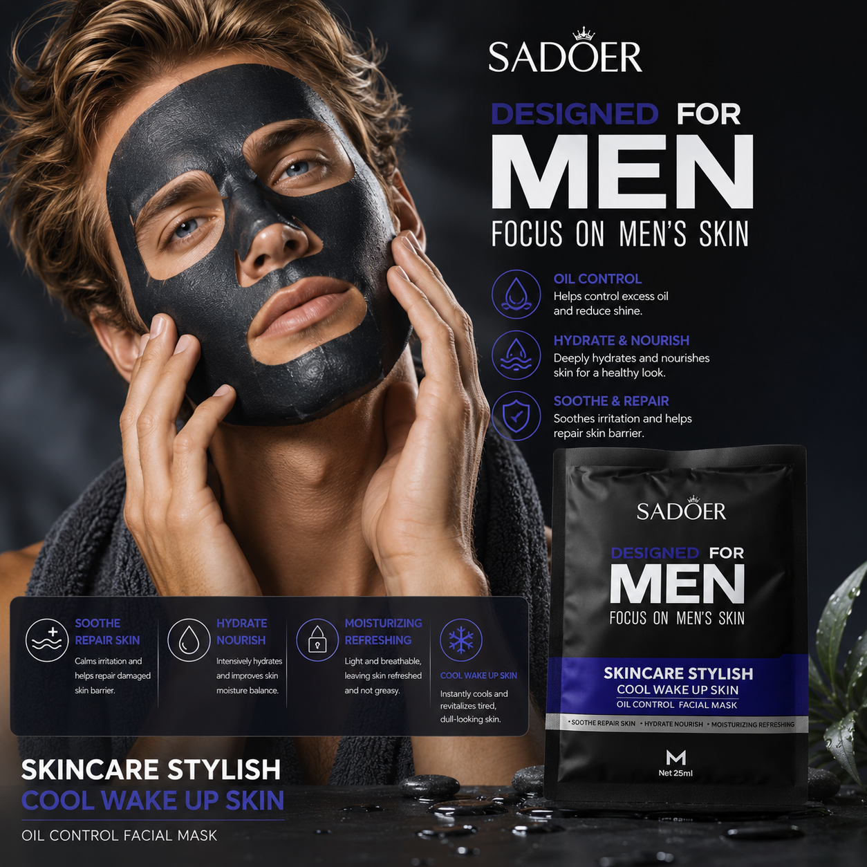 Mască Facială SADOER pentru Bărbați – Oil Control & Cool Wake Up Skin, 25 ml