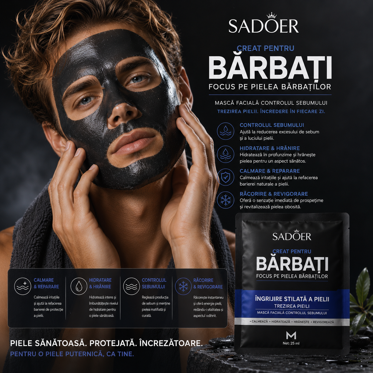 Mască Facială SADOER pentru Bărbați – Oil Control & Cool Wake Up Skin, 25 ml