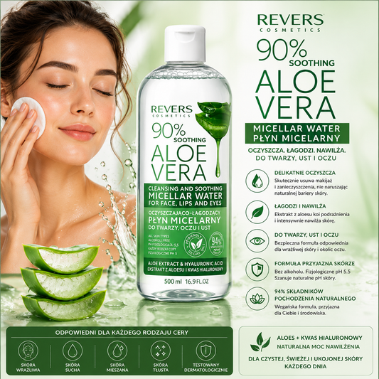 Apă micelară calmantă cu Aloe Vera 90% – REVERS COSMETICS (500 ml)