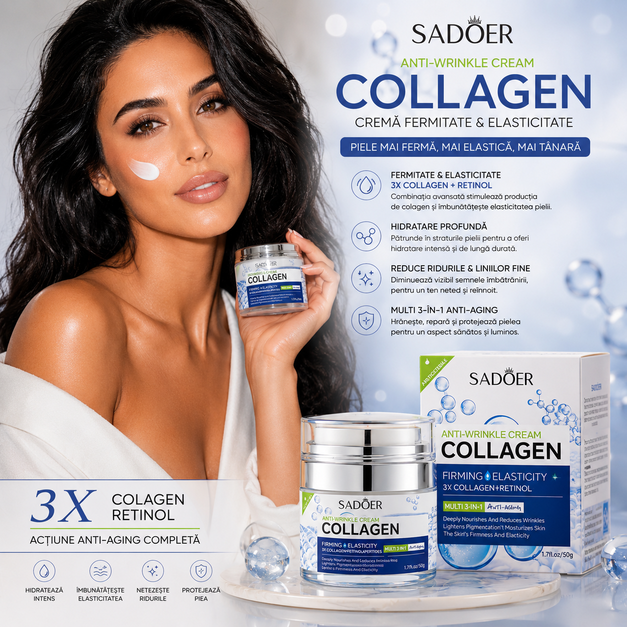 Cremă antirid cu colagen și retinol – Sadoer Anti-Wrinkle Cream Collagen 3x Collagen + Retinol (Multi 3 în 1)SD02389