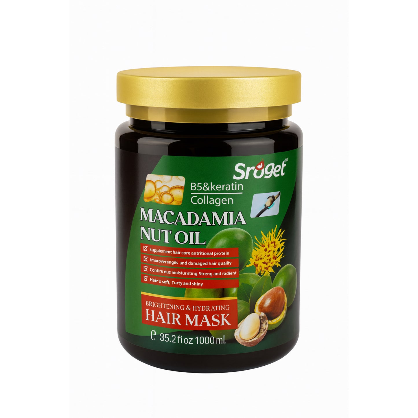 Macadamia Nut Oil hair mask jar with B5, keratin, collagen, for brightening and hydrating hair