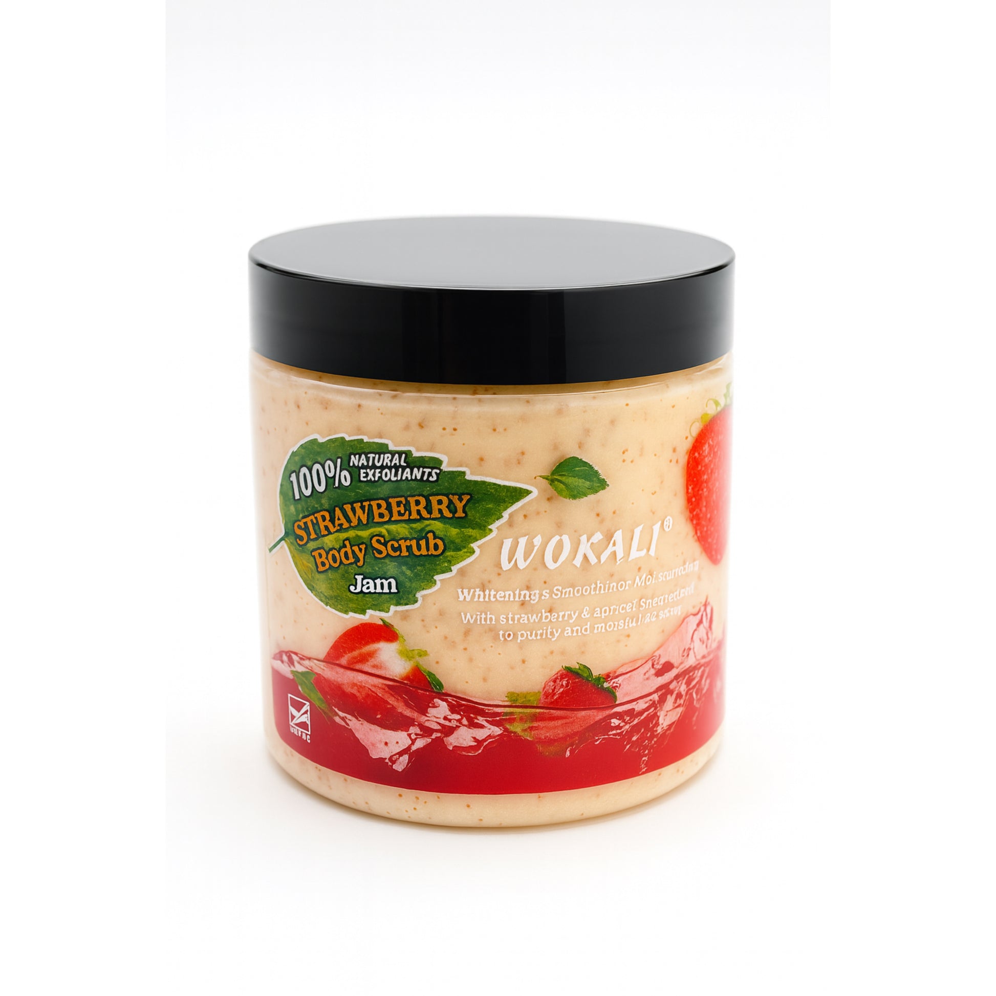 Wokali Strawberry Body Scrub Jam jar with strawberry graphics, natural exfoliant cosmetic